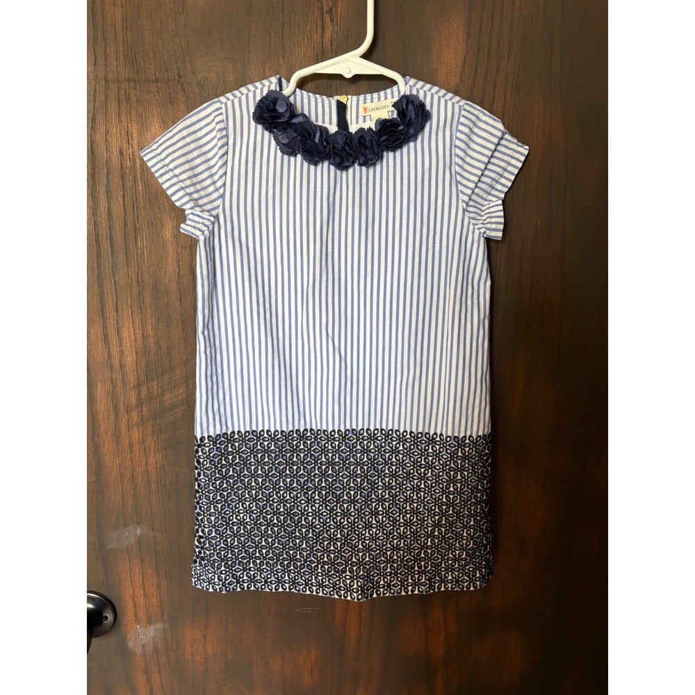 Crewcuts J.Crew Girl Blue White Striped Floral Eyelet Dress Size 5 Cotton Preppy